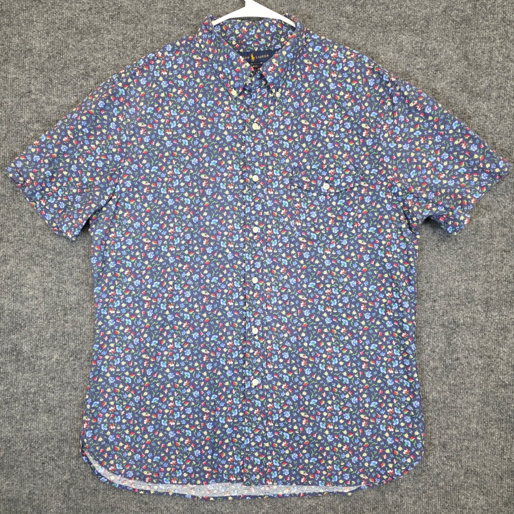 Ralph Lauren Button Down Shirt Mens XL Blue Floral Slim Fit Short Sleeve Casual